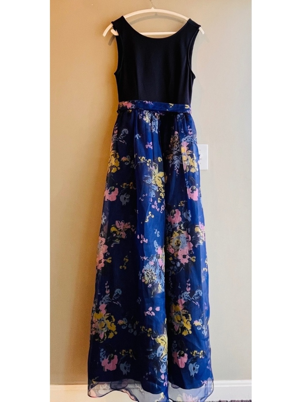 ModCloth Navy Blue Sleeveless Maxi Dress with Floral Organza Overlay and Waist S